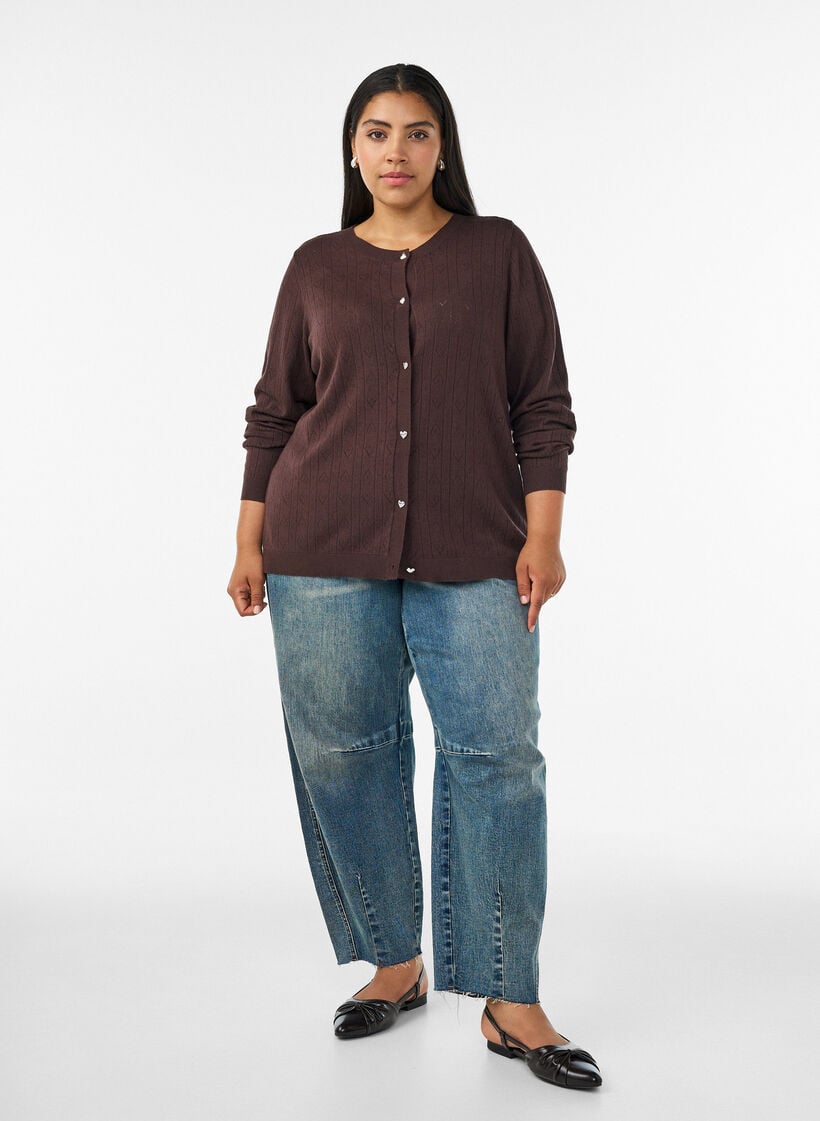 Knitted cardigan with heart eyelet embroidery, Brown, Model image number 1