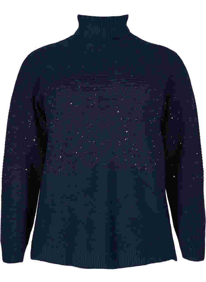 Knitted top with turtleneck and sequins, Navy Blazer, Packshot image number 0