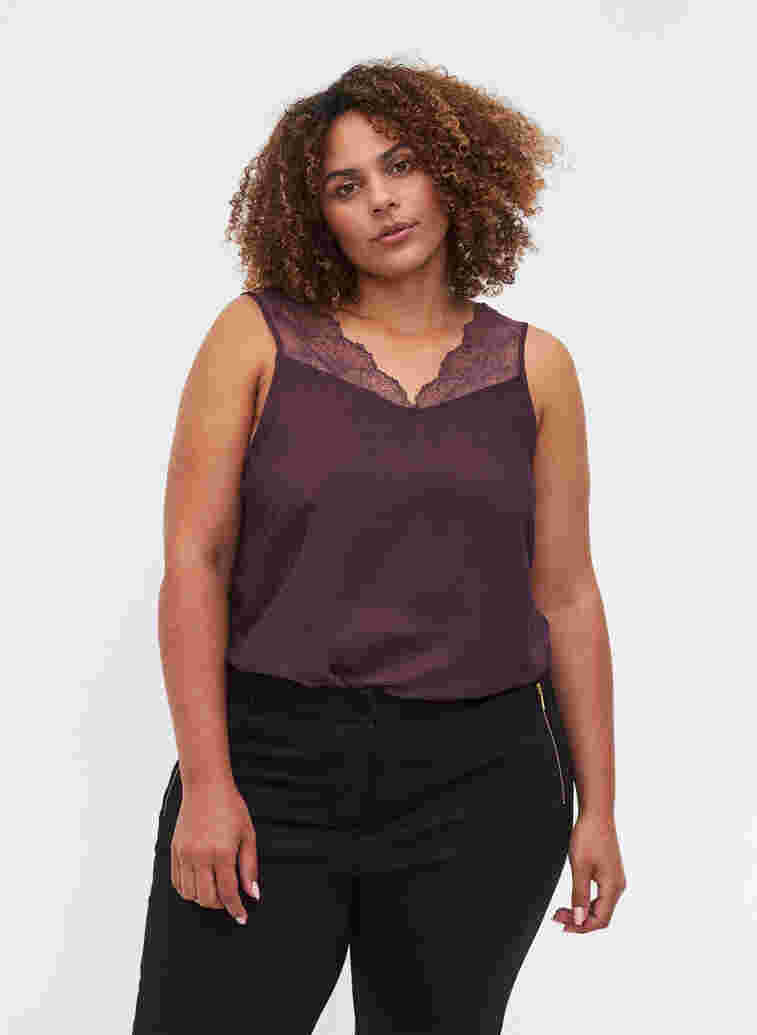 Top with lace and an elasticated hem , Plum Perfect, Model image number 0