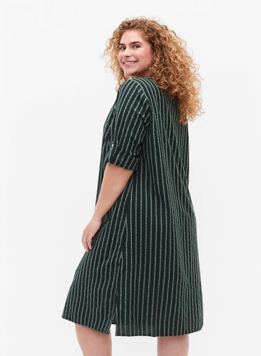 Striped cotton dress with 3/4 sleeves, Scarab/ChinoisStripe, Model image number 1