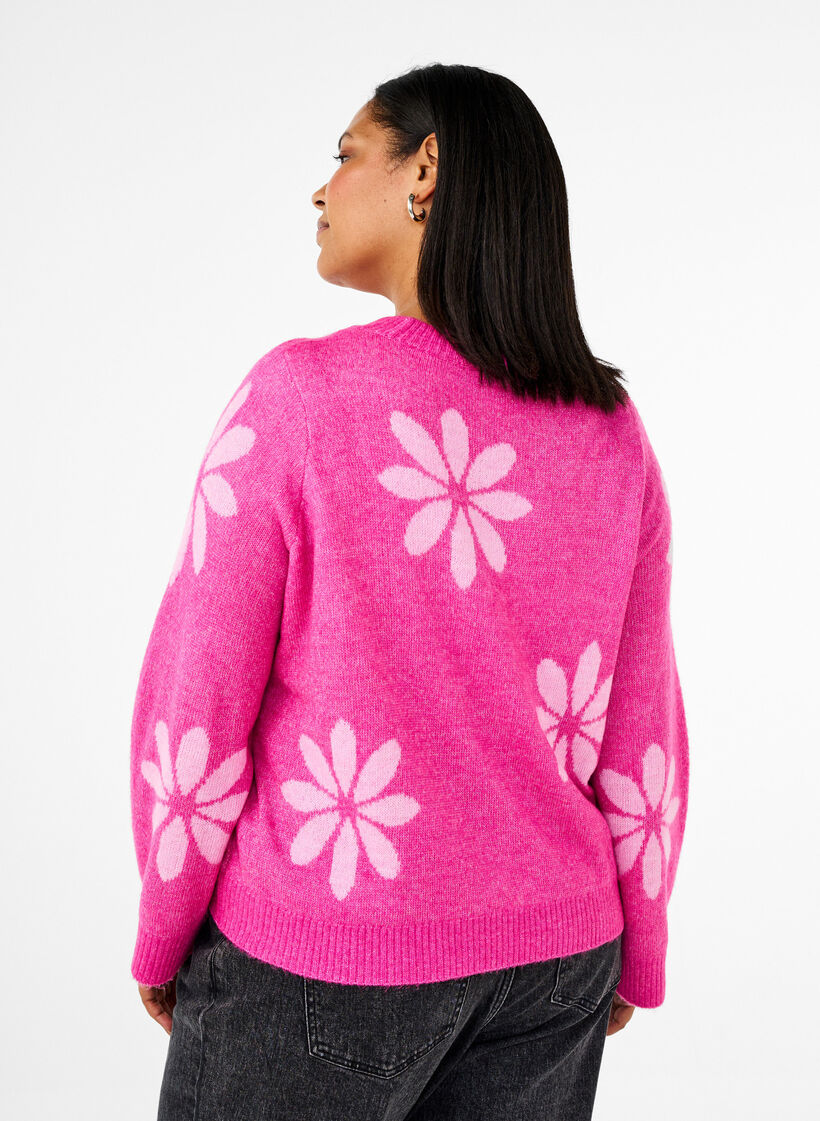 Knitted blouse with flowers, Raspberry Rose Comb, Model image number 1