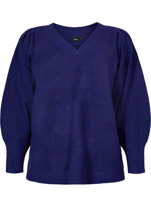 Melange knitted jumper with puff sleeves and v-neck, Ultra Violet Mel., Packshot image number 0