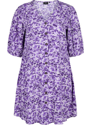 Dress with buttons and 3/4 sleeves, Purple AOP, Packshot image number 0