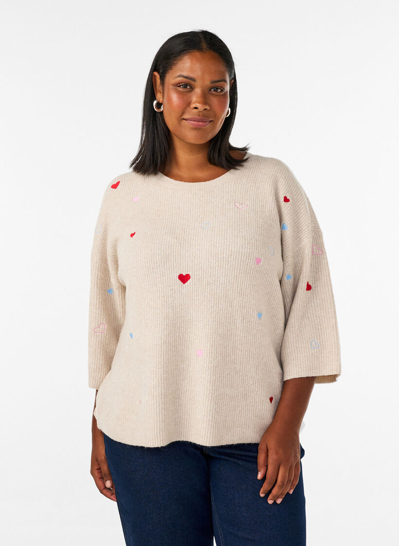Knitted blouse with hearts and 3/4 sleeves, Beige, Model image number 0