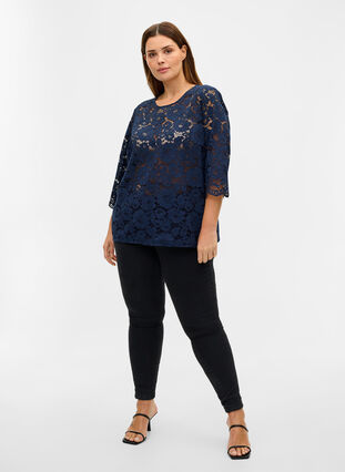 Lace blouse with 3/4 sleeves, Navy Blazer, Model image number 3