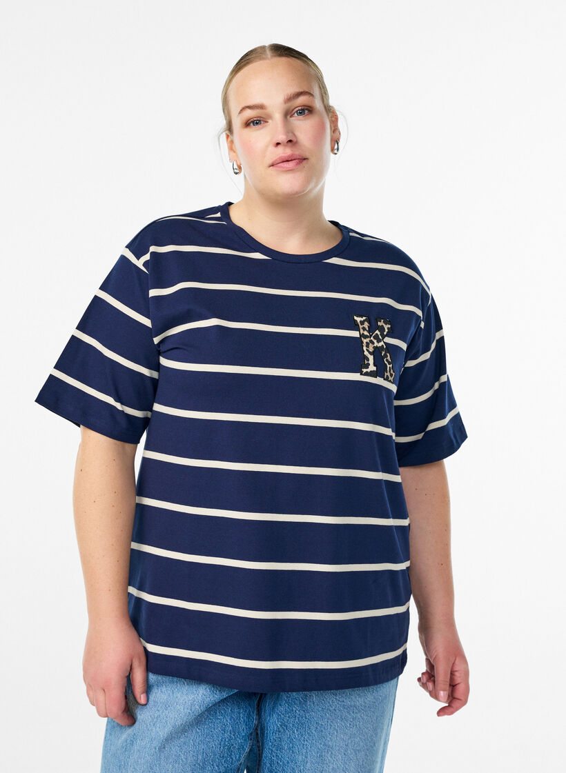 T-shirt with stripes and leopard detail, Blue, Model image number 0