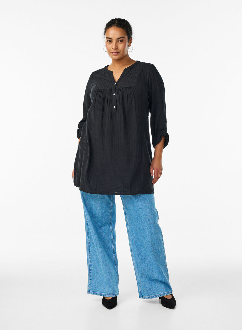 Cotton muslin tunic with broderie anglaise, Black, Model image number 1
