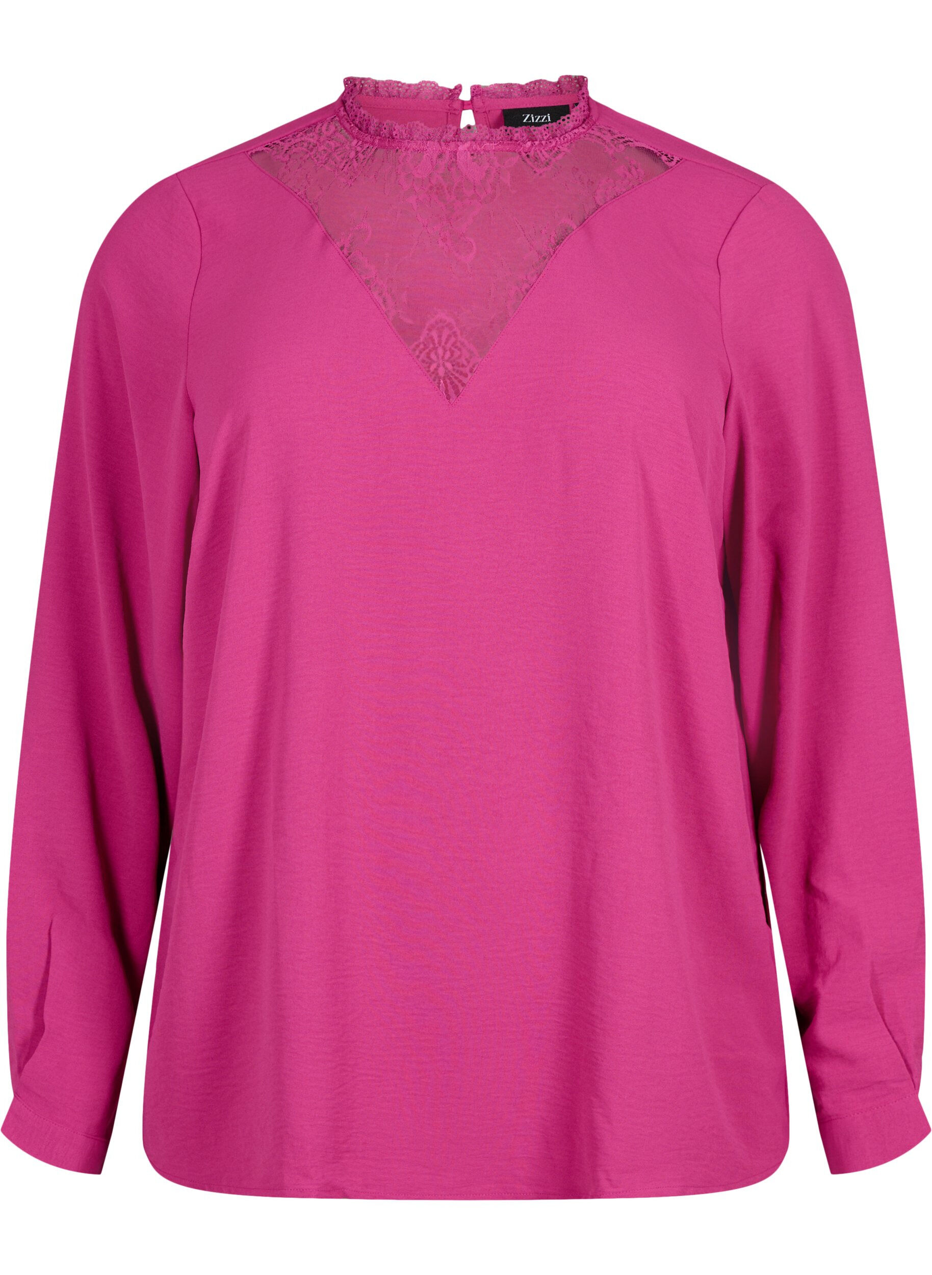 Zizzifashion Long sleeved blouse with lace detail, Festival Fuchsia, Packshot image number 0