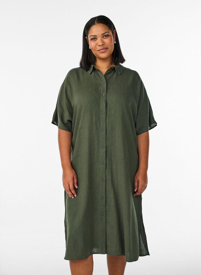 Shirt dress in linen and viscose with short sleeves, Green, Model image number 0