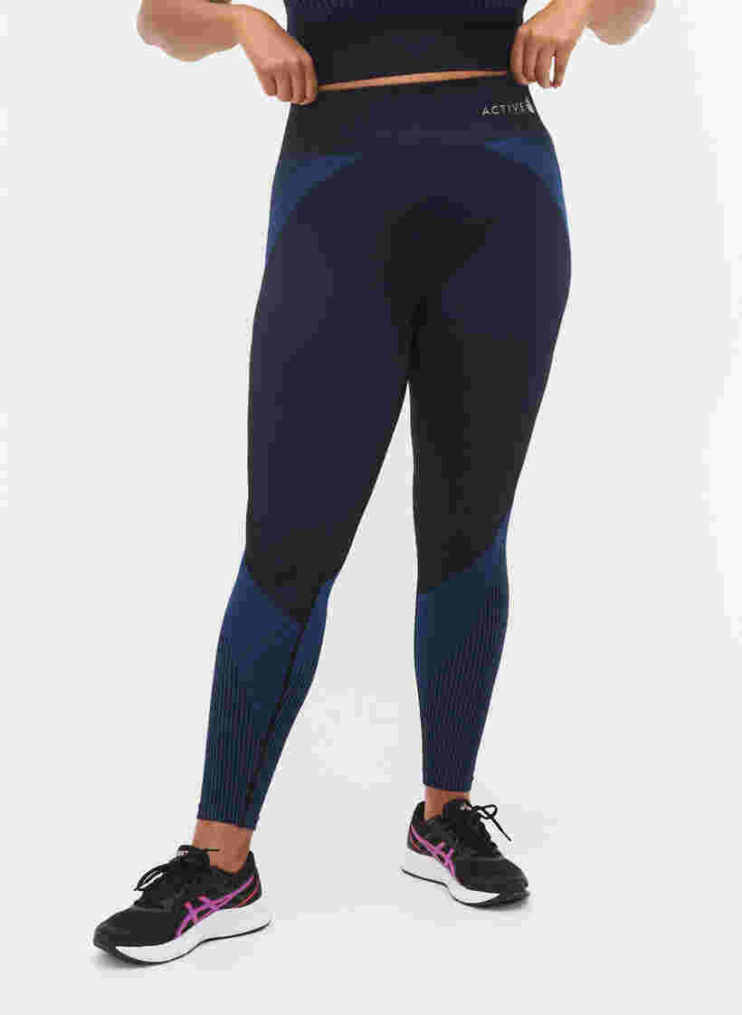 Seamless sport tights with stripes, Black w. Blue Depths, Model image number 3