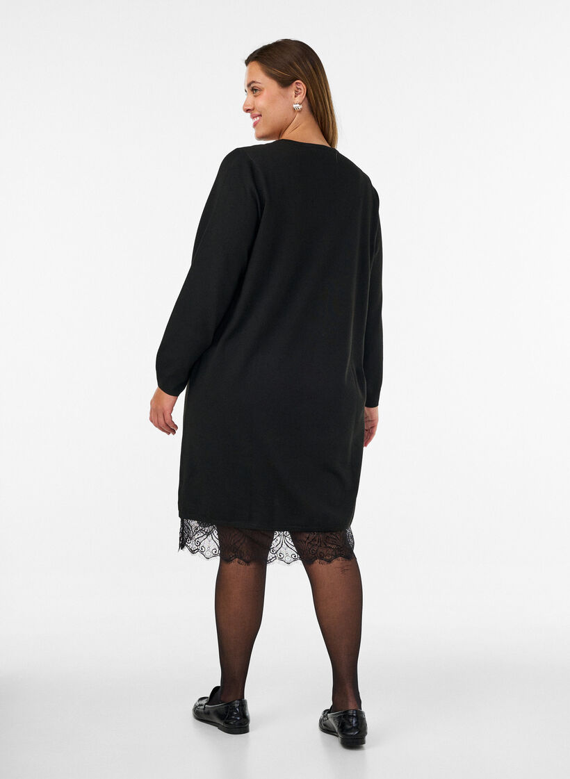 Short knitted dress with lace hem, Black, Model image number 2