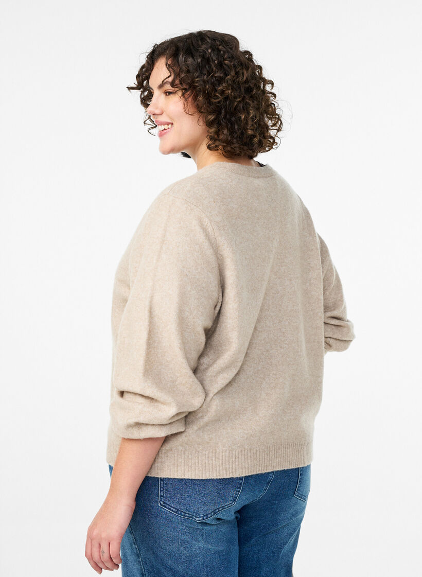 Knit cardigan with wool and bow buttons, Beige, Model image number 2