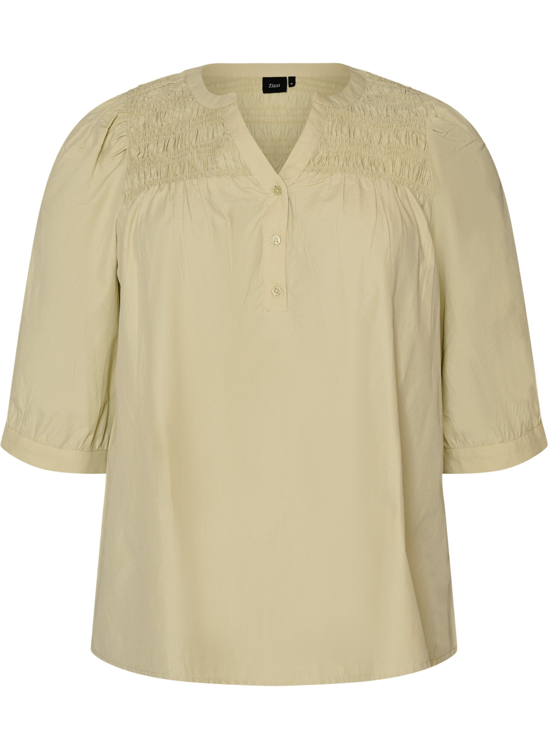 ZizzifashionBlouse with smock and 3/4 sleeves, Green, Packshot image number 0