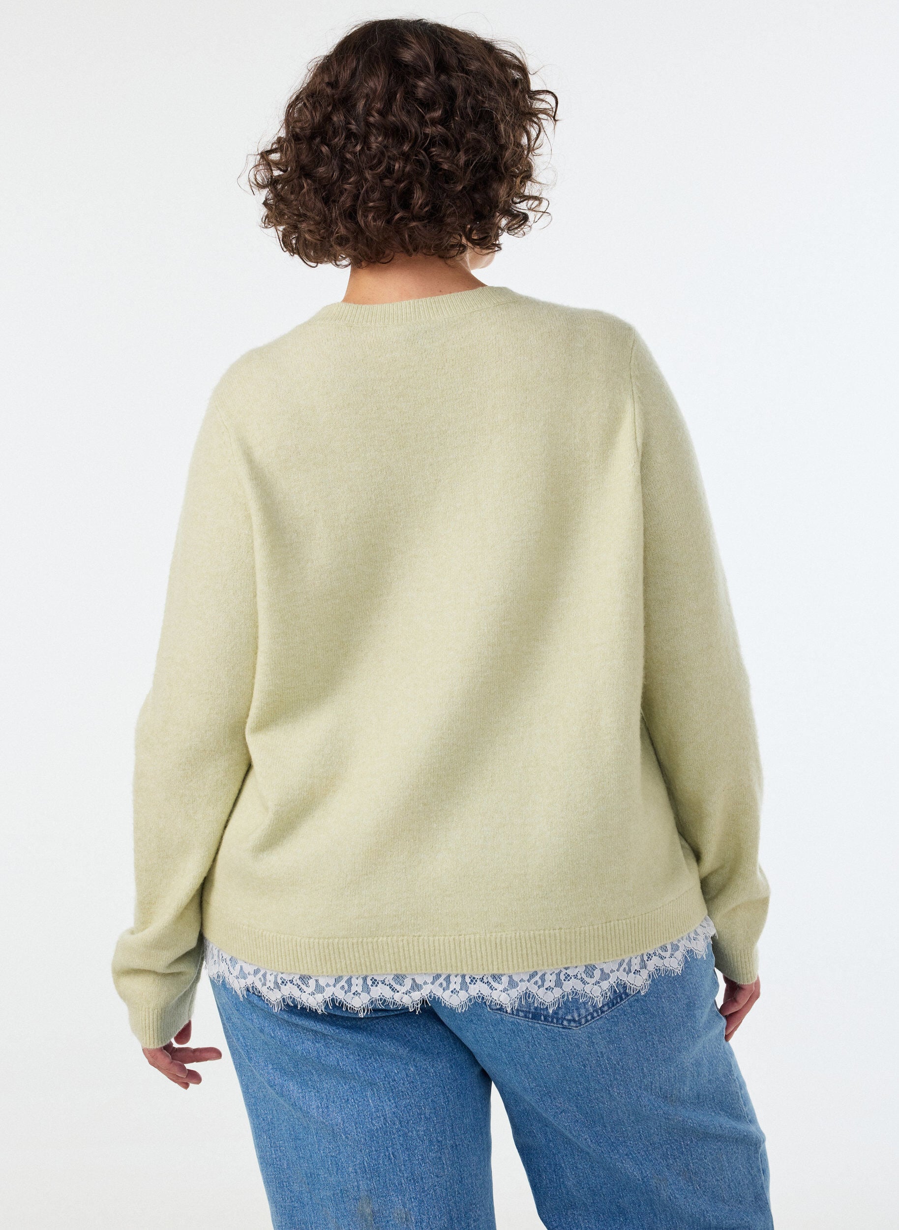 ZizzifashionKnitted blouse with lace trim at the hem, Green, Model image number 2