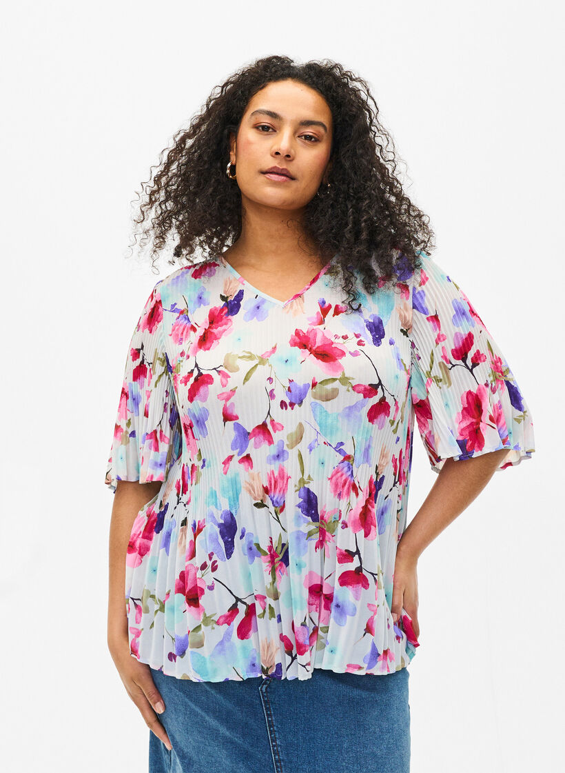 Pleated floral blouse, White/MultiFlowerAOP, Model image number 0