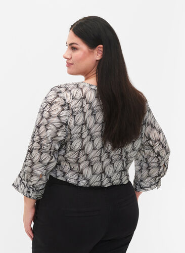 Printed blouse with 3/4 sleeves, Black White Leaf, Model image number 1