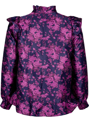 Floral jacquard blouse with ruffle details, Dark Blue Pink, Packshot image number 1