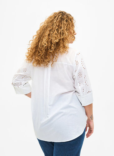Shirt blouse with embroidery anglaise and 3/4 sleeves, Bright White, Model image number 1