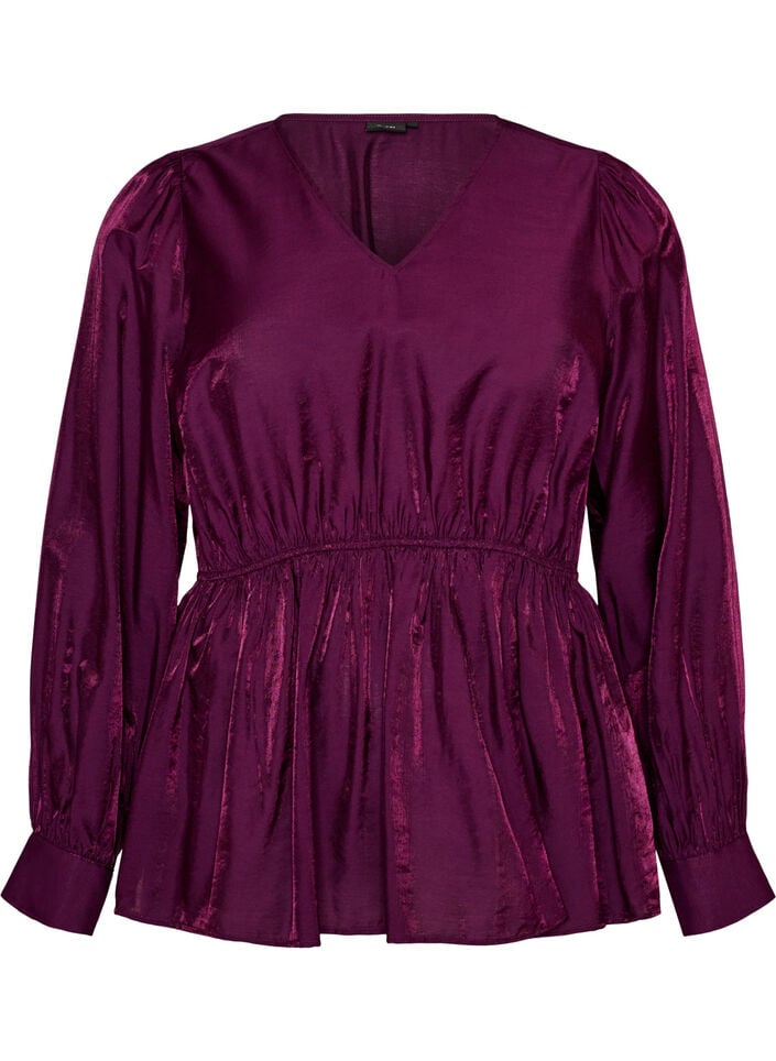 Shiny viscose blouse with peplum effect, Purple, Packshot image number 0
