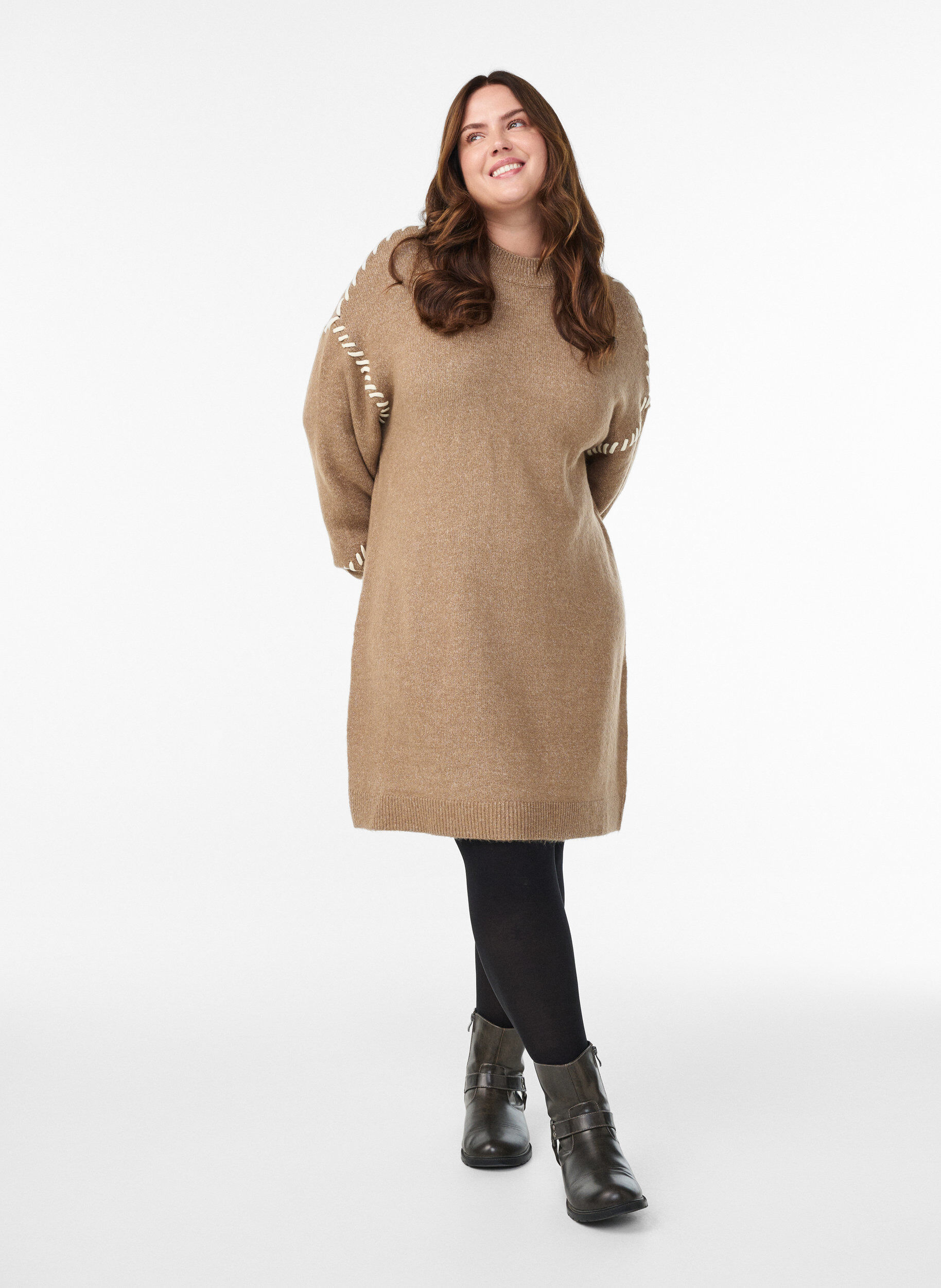 Zizzifashion Knitted dress with contrast stitching, Brown, Model image number 1