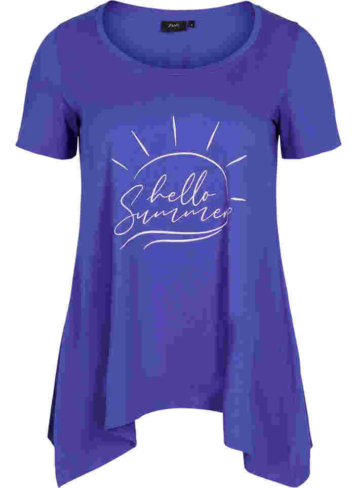 Short-sleeved cotton t-shirt with a-line, Dazzling Blue HELLO , Packshot image number 0