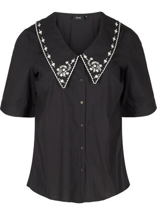 Short-sleeved shirt in cotton with a large collar, Black w. White, Packshot image number 0