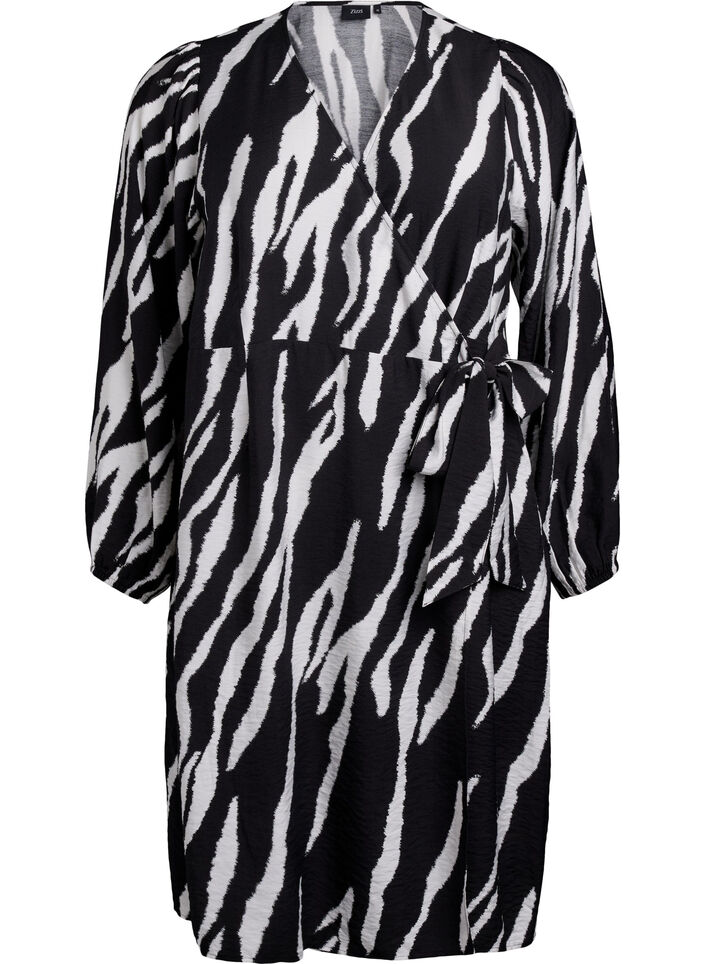 Short zebra print wrap dress, Black, Packshot image number 0
