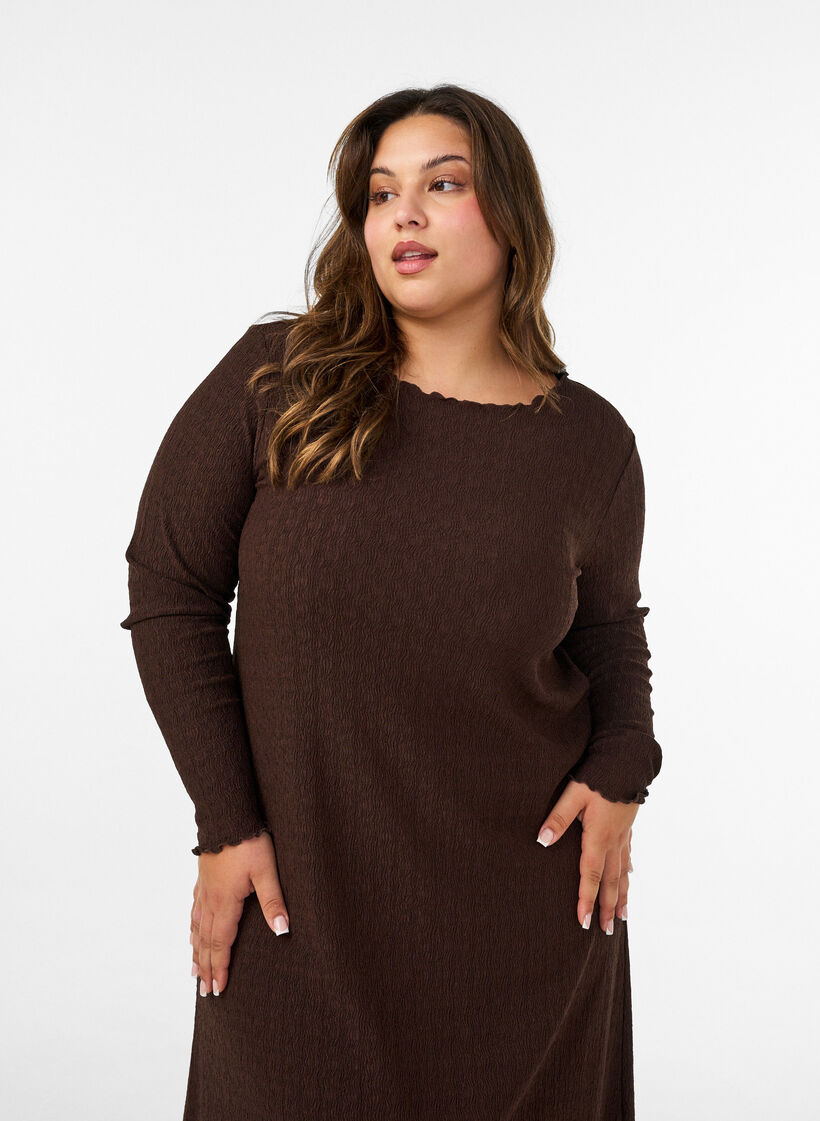 Midi dress with a wavy texture and long sleeves, Brown, Model image number 3
