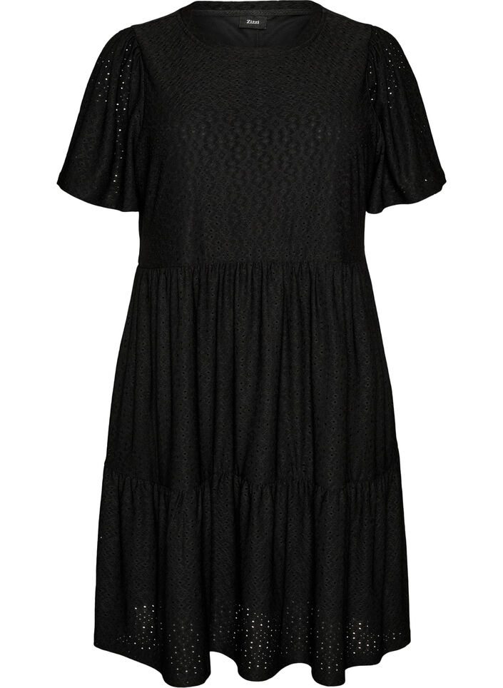 Short dress with lace pattern and layered skirt, Black, Packshot image number 0