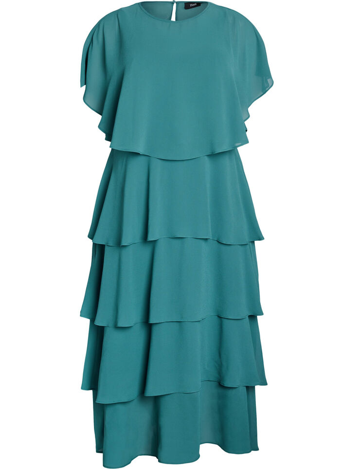 Maxi dress with ruffle layers and detachable cape, Green, Packshot image number 0