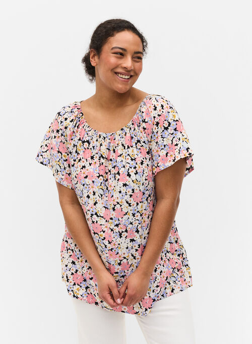 Short-sleeved floral viscose blouse