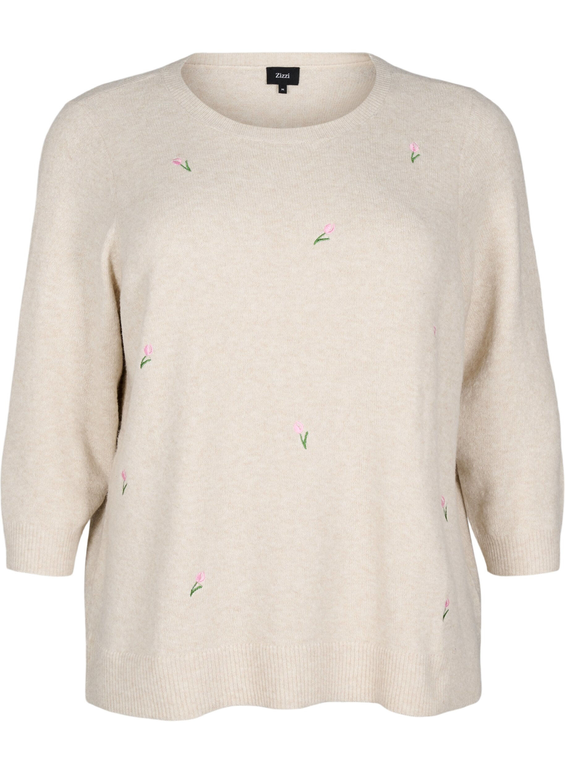 Zizzifashion Knitted blouse with flowers and 3/4 sleeves, Pumice Stone Mel., Packshot image number 0