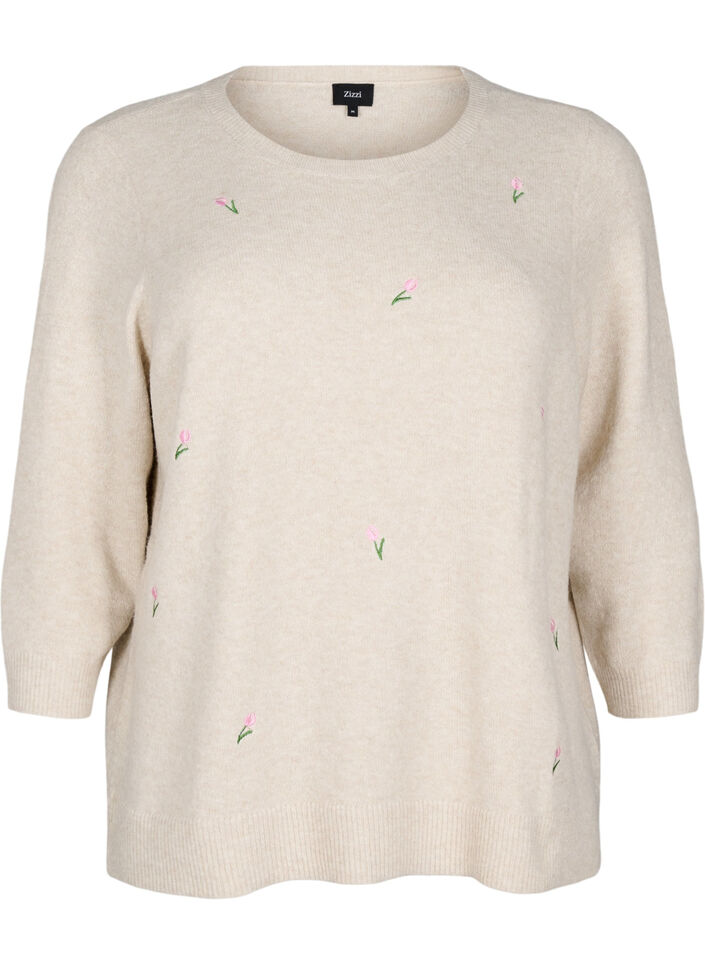 Knitted blouse with flowers and 3/4 sleeves, Pumice Stone Mel., Packshot image number 0