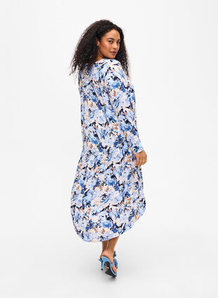 Printed viscose midi dress with long sleeves, Blue Graphic AOP, Model image number 1