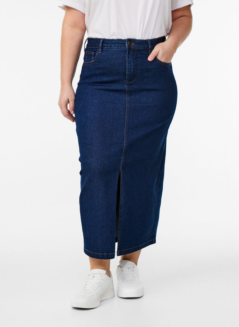 FLASH - Midi denim skirt with a front slit, Blue, Model image number 2