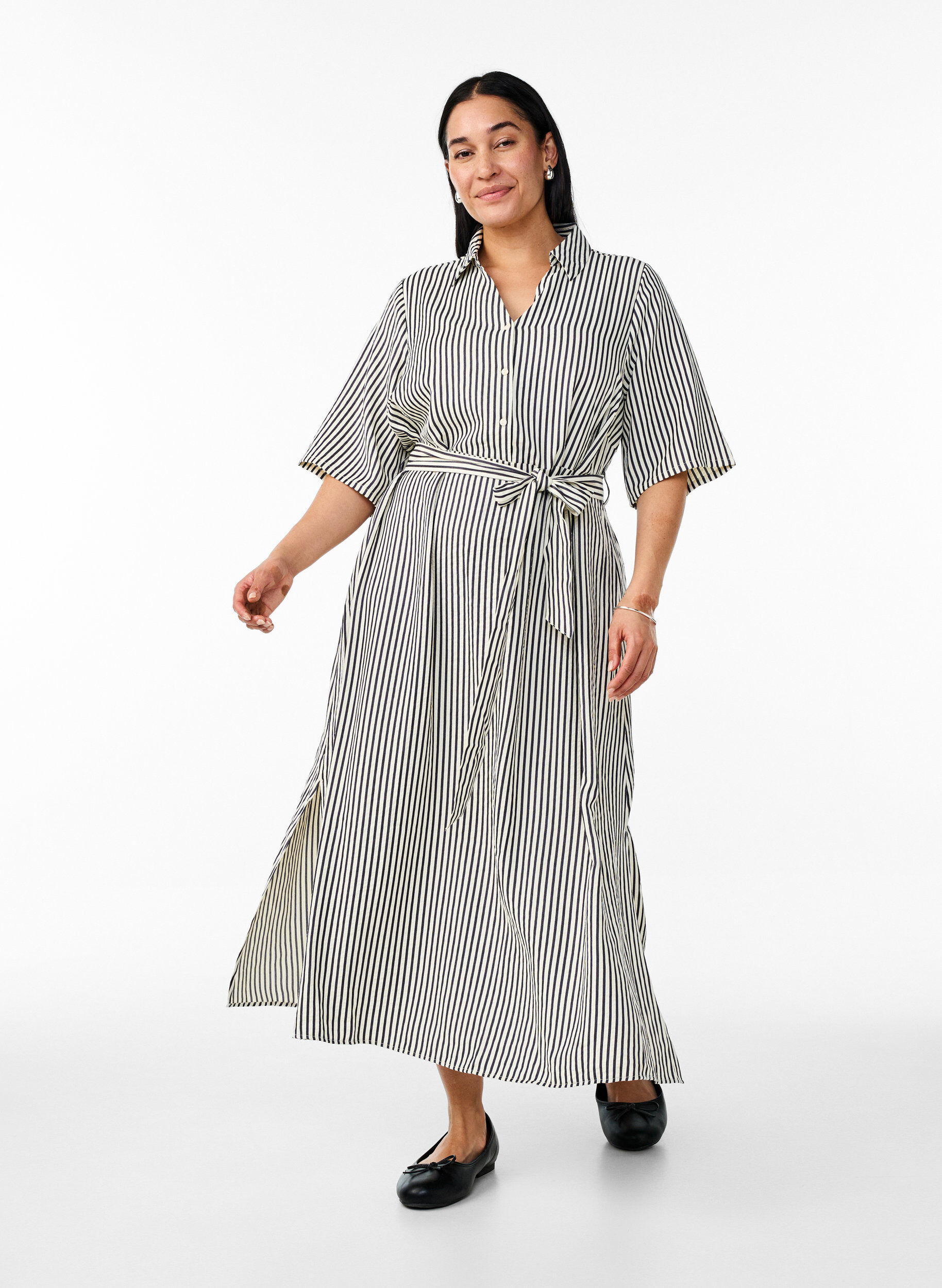 ZizzifashionAnkle-length shirt dress with tie belt and stripes, Black, Model image number 0