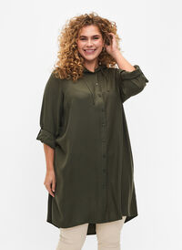 Shirt dress in viscose with hood and 3/4 sleeves, Thyme, Model