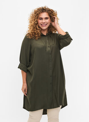 Shirt dress in viscose with hood and 3/4 sleeves, Thyme, Model image number 0