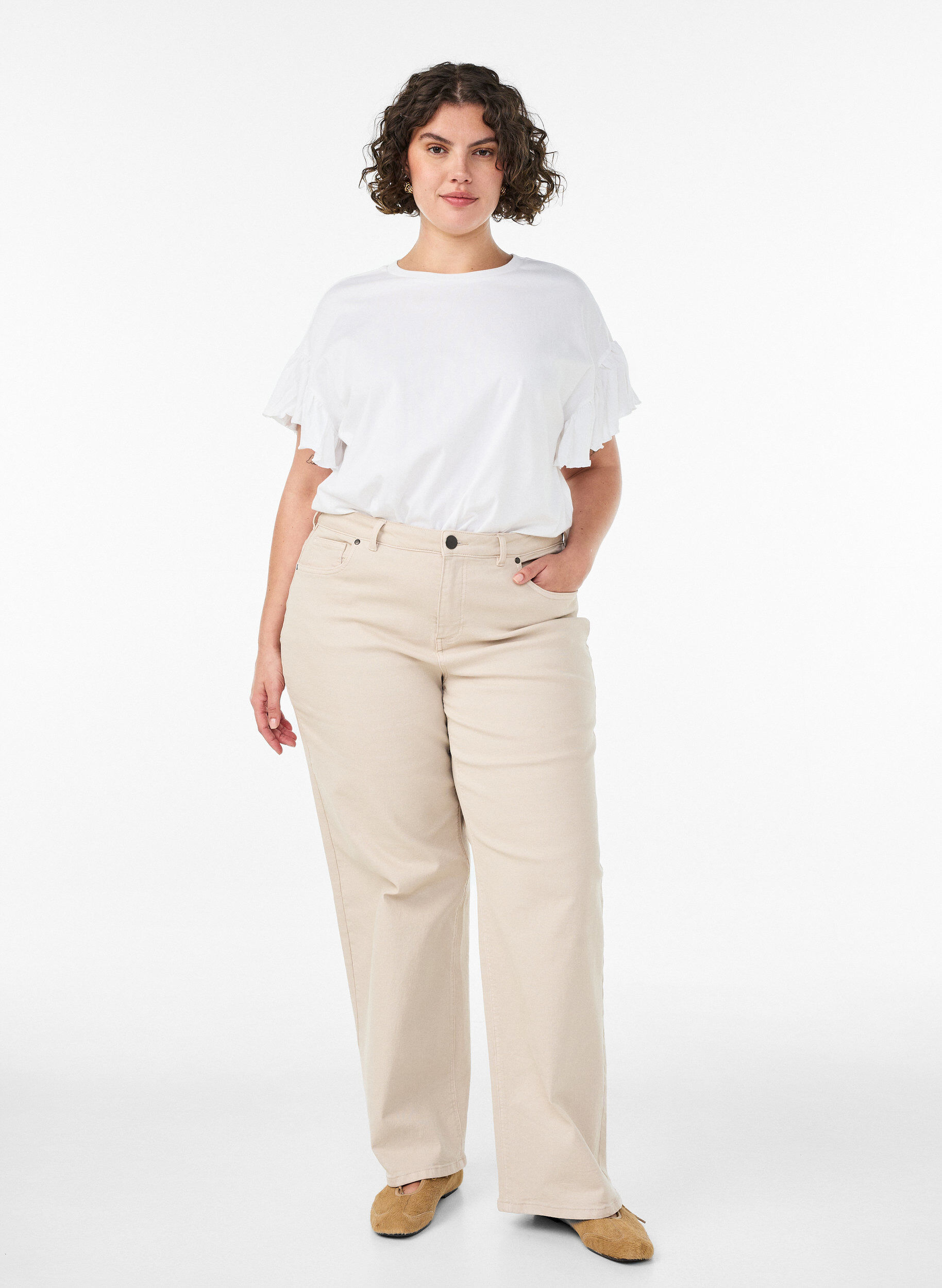 ZizzifashionOrganic cotton T-shirt with ruffle sleeves, White, Model image number 1