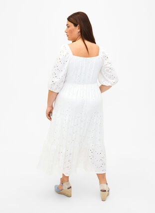 Maxi dress with lace pattern and a square neckline, Bright White, Model image number 1