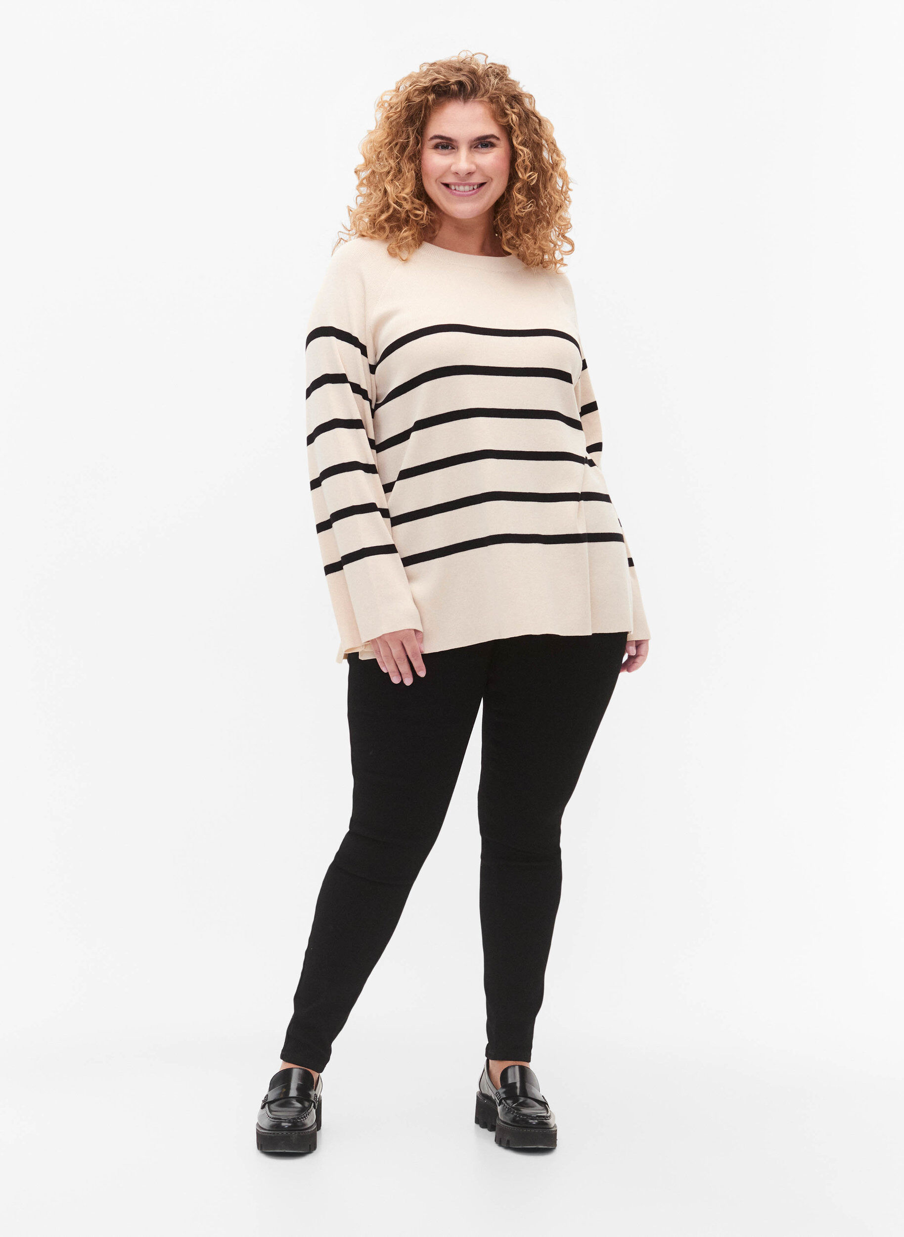 Zizzifashion Striped Viscose Sweater, Sandshell/Black S., Model image number 2