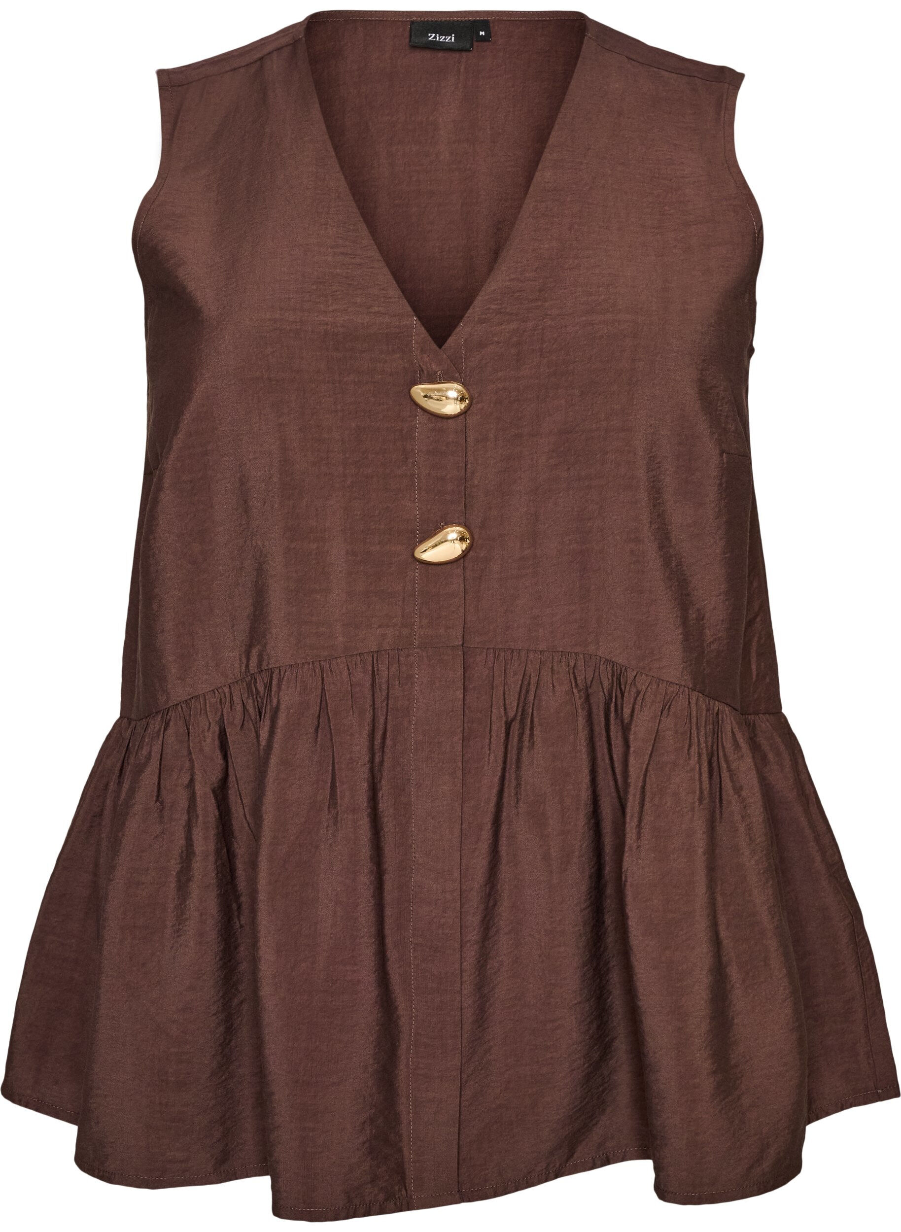 ZizzifashionSleeveless peplum blouse with decorative buttons, Brown, Packshot image number 0