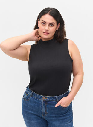 High neckline cotton top with ribbed fit, Black, Model image number 0