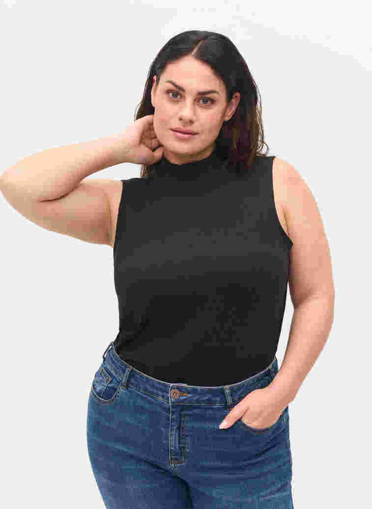 High neckline cotton top with ribbed fit, Black, Model