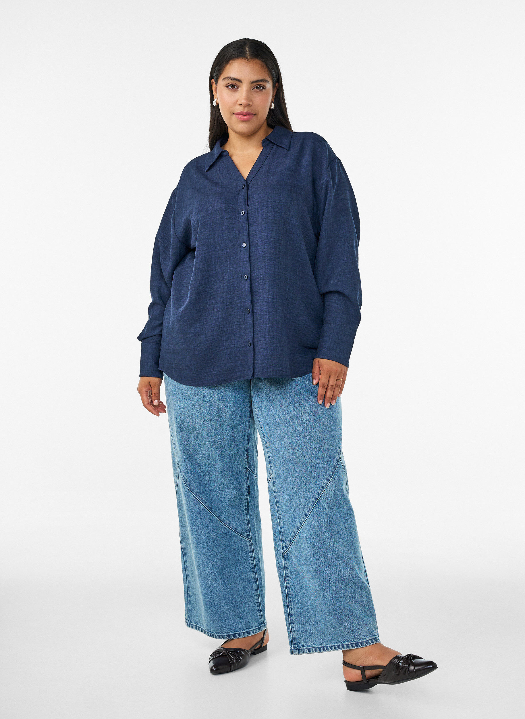 ZizzifashionLoose shirt with V-neck, Blue, Model image number 1