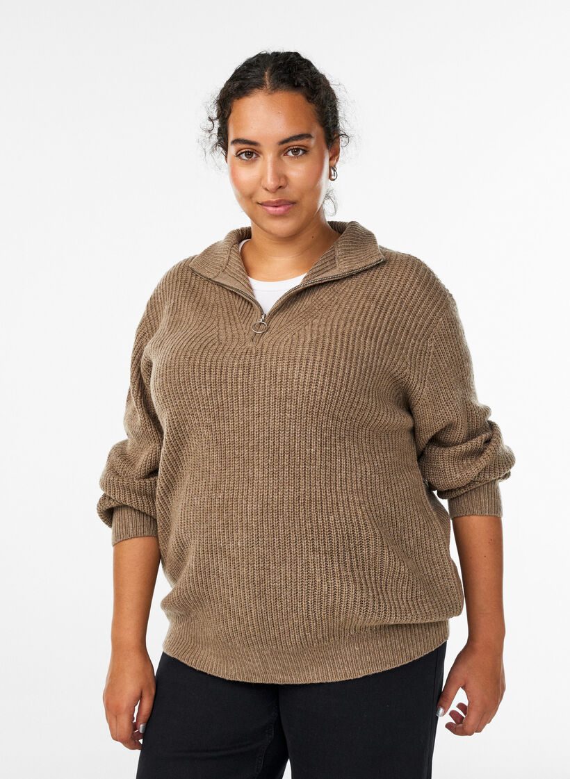 Knitted sweater with high neck and zipper, Brown, Model image number 0