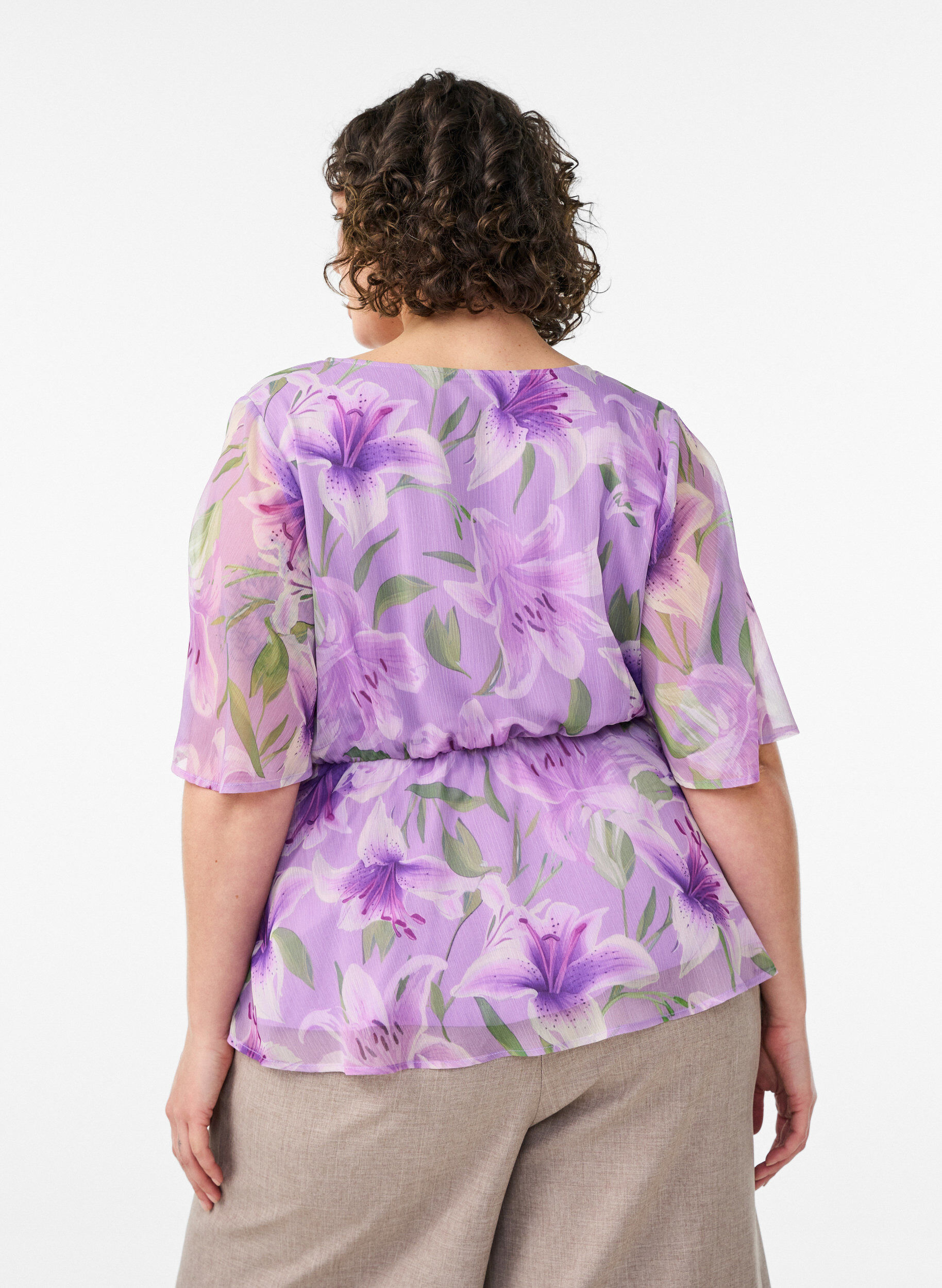 ZizzifashionFloral chiffon blouse with short sleeves, Purple, Model image number 2