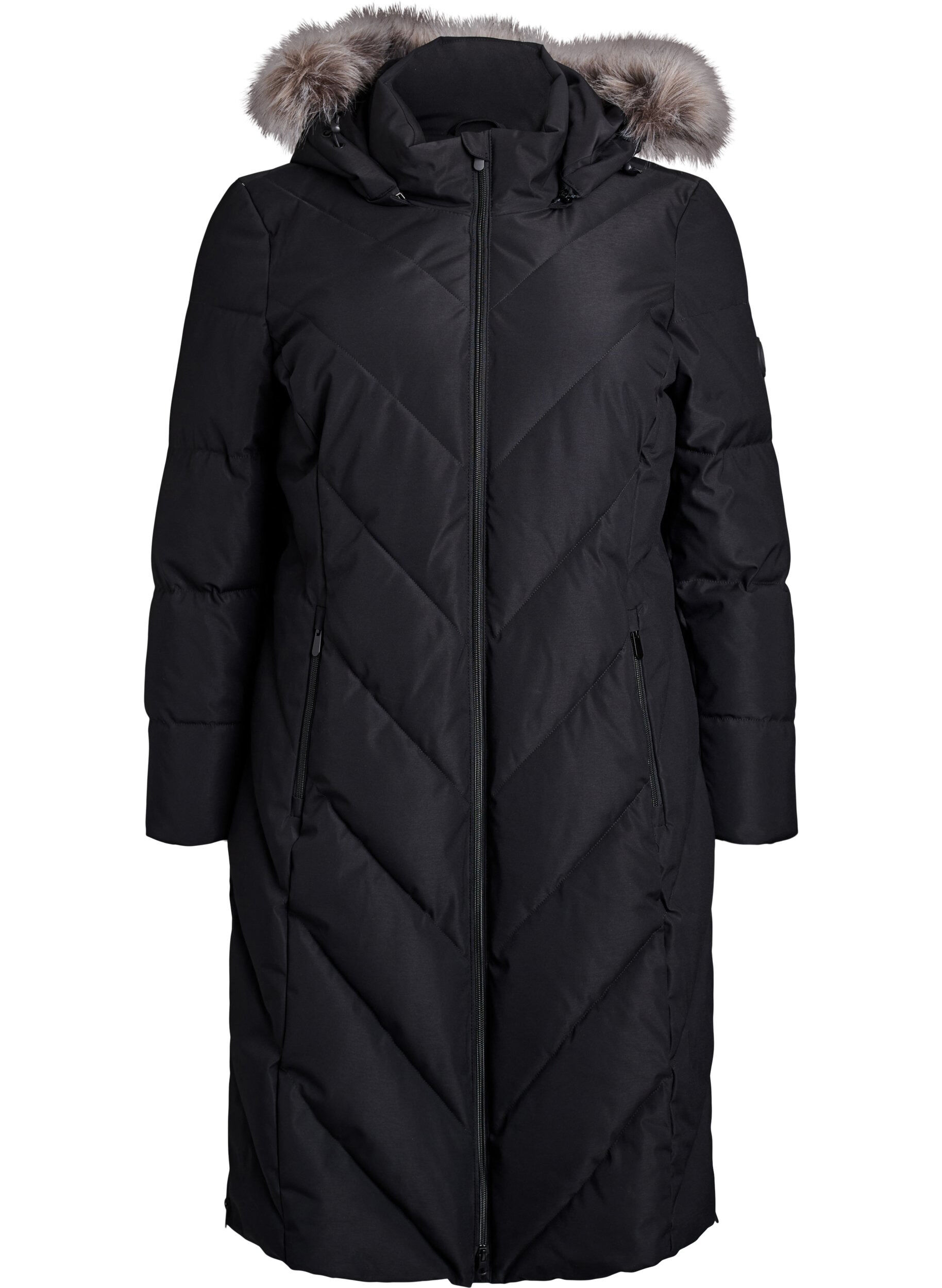 Long winter coat with hook fastenings and a faux fur collar