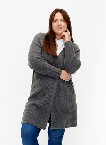 Long rib-knit cardigan, Dark Grey Melange, Model image number 0