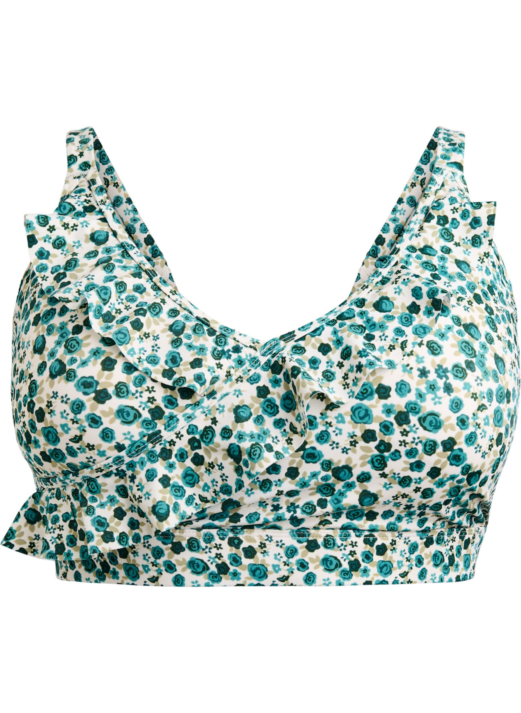 ZizzifashionFloral bikini top with ruffle details, Green, Packshot image number 0